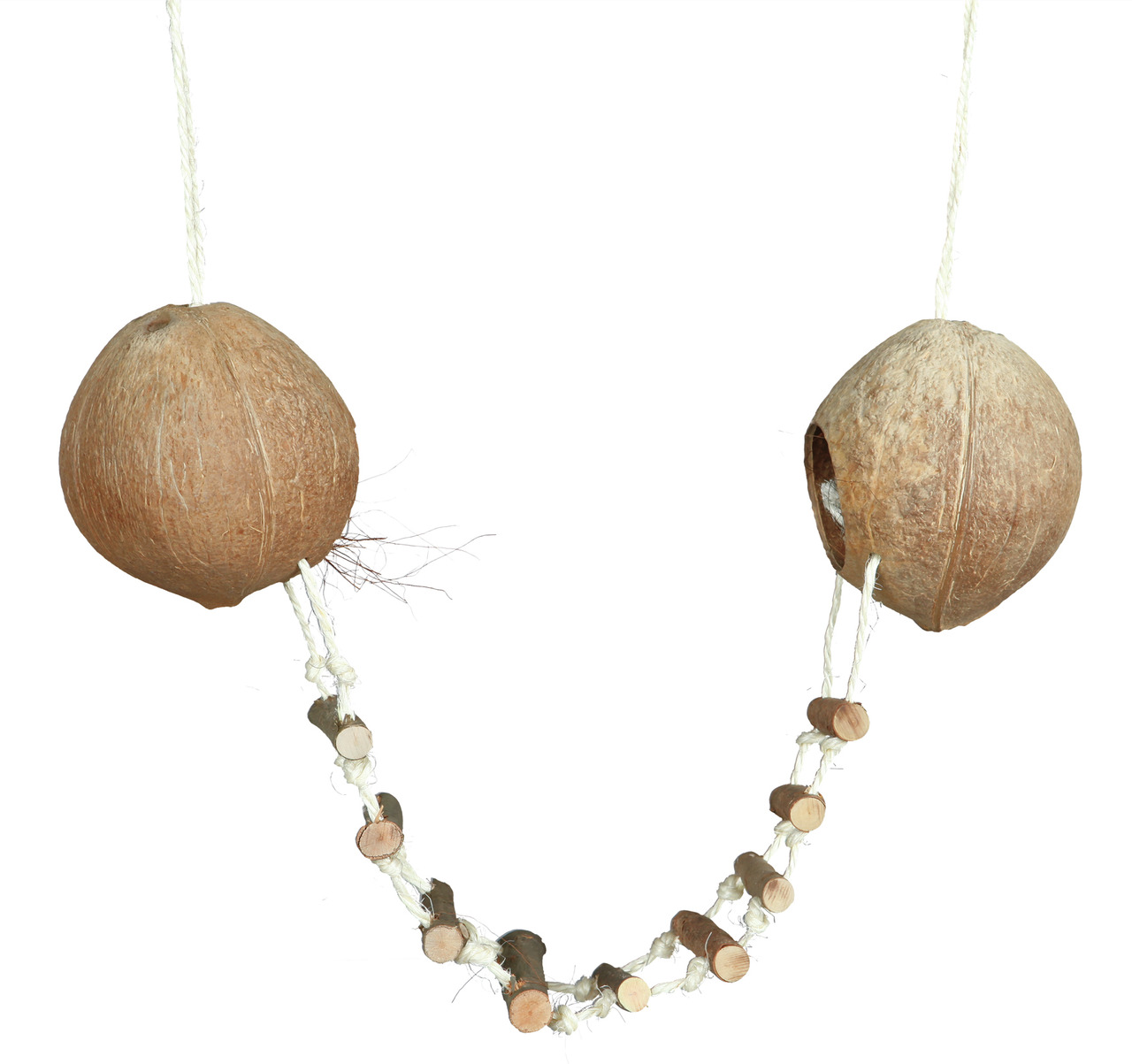 TRIXIE Spielzeug für Ziervögel: Kokosnusshälften mit Holzbrücke, fördert Bewegung & Beschäftigung. Natürl. Materialien, umweltfreundlich.