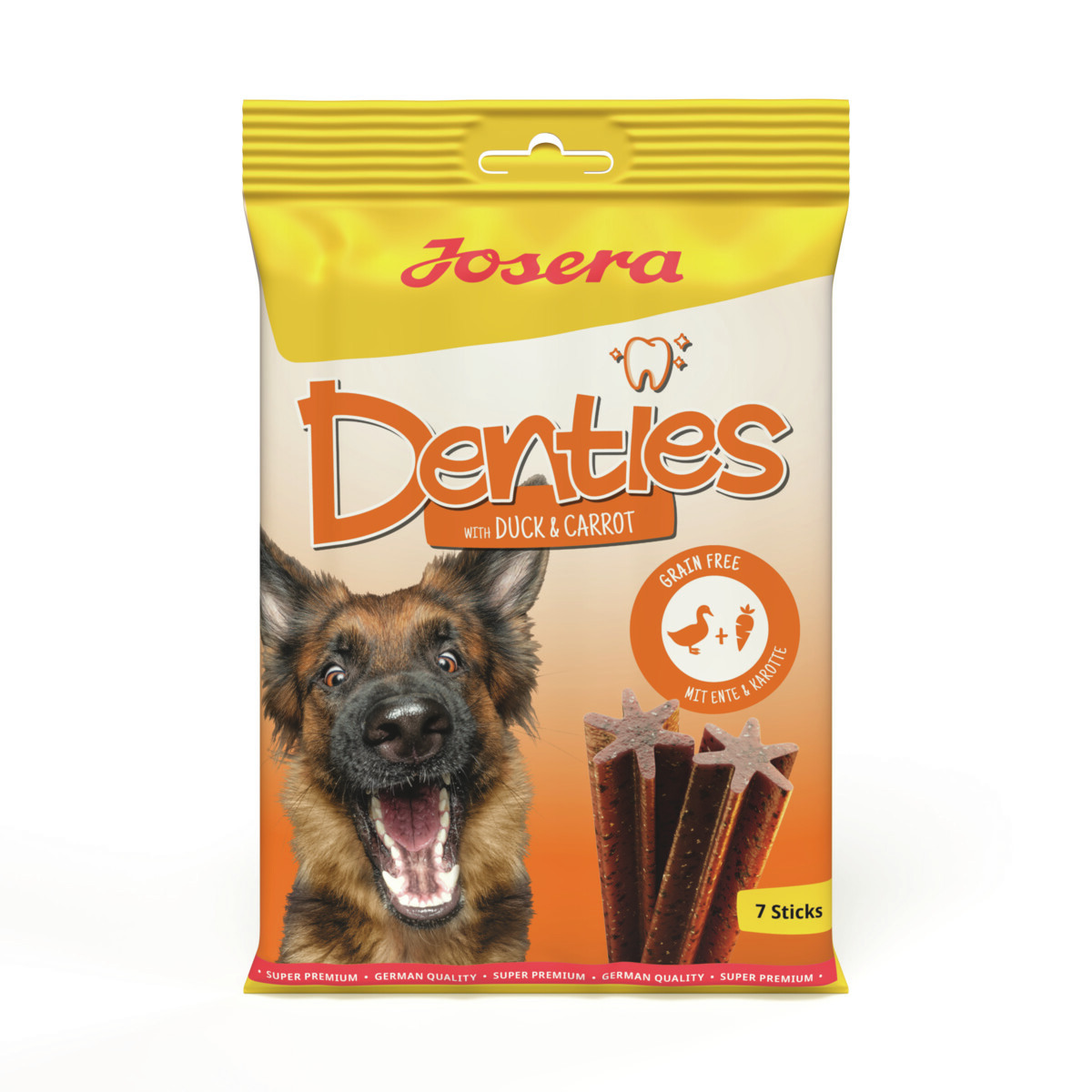 Josera Denties, Zahnpflegesticks für Hunde, Geschmack Ente & Karotte, getreidefrei, 7 Sticks.