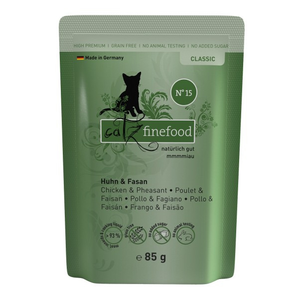 Catz finefood Classic Nr. 15, Katzen, Huhn & Fasan, 85 g, Made in Germany, getreidefrei, kein Zuckerzusatz, keine Tierversuche.