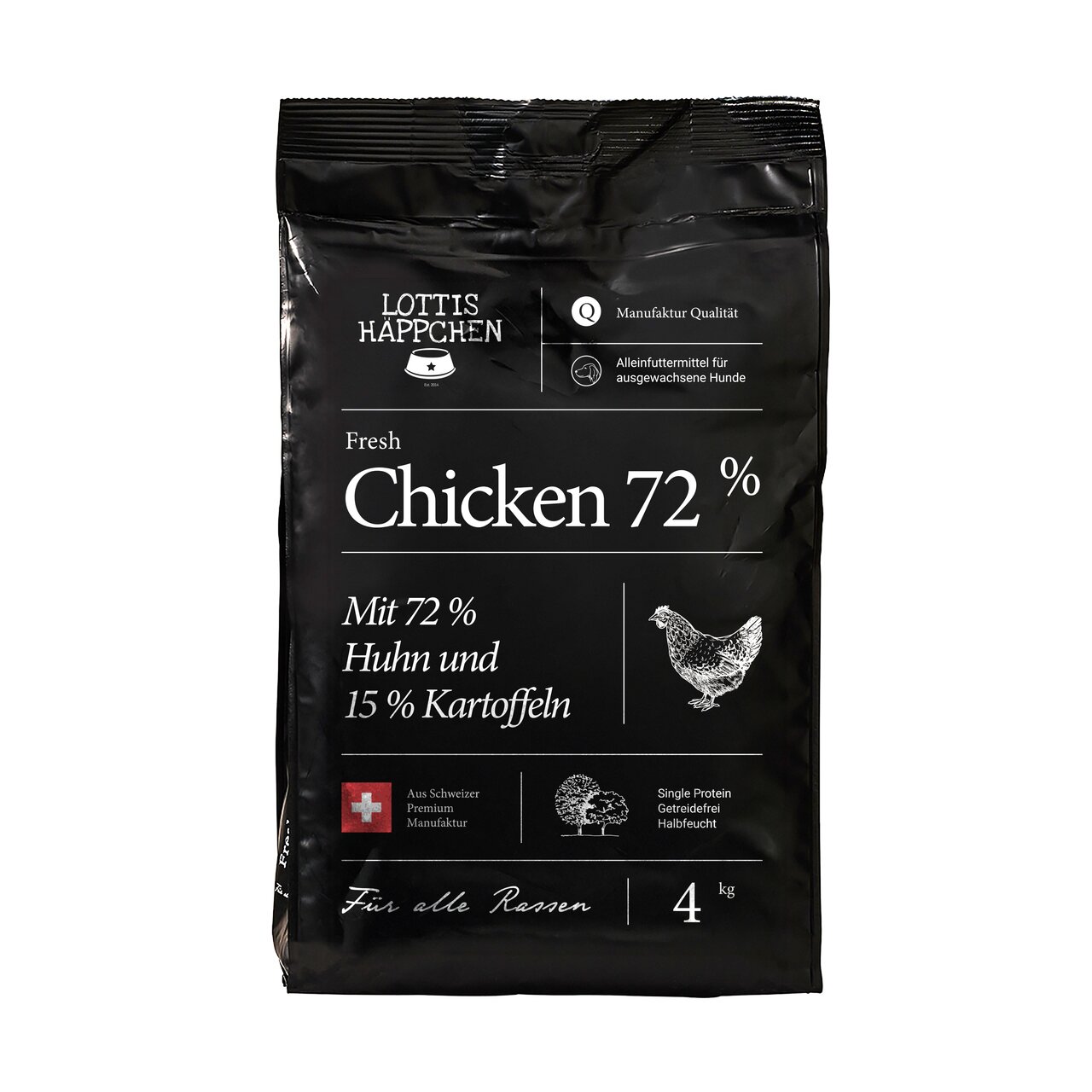LOTTIS HÄPPCHEN Fresh Chicken 72 %, Hundefutter für alle Rassen, 72 % Huhn, 15 % Kartoffeln, getreidefrei, 4 kg.