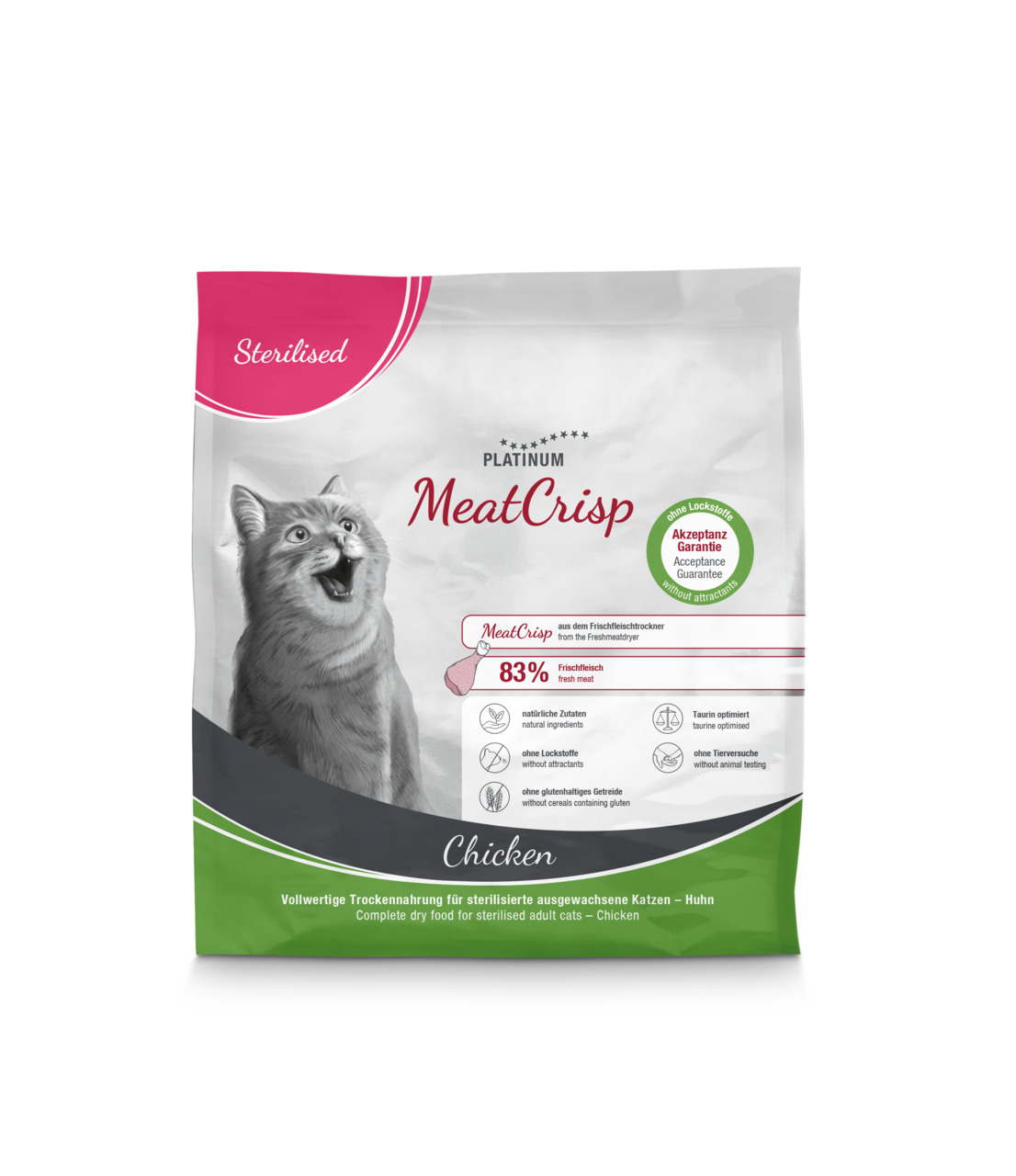 PLATINUM MeatCrisp Katzenfutter, steril., erw. Katzen, Huhn, 83 % Frischfleisch, ohne Lockstoffe-Gluten, 1,5 kg.