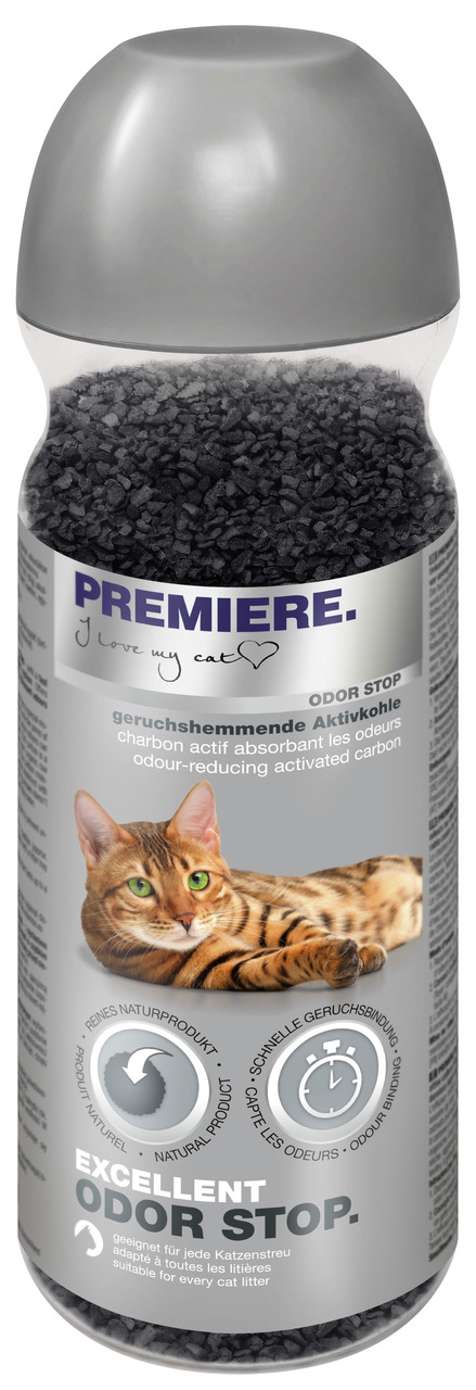 Das Bild zeigt das Produkt "PREMIERE Odor Stop" mit geruchsneutralisierender Aktivkohle, speziell für Katzenbesitzer. Die Verpackung enthält schwarze Aktivkohlegranulate und ist mit einem grauen Deckel verschlossen. Geeignet für alle Katzenstreusorten, bi