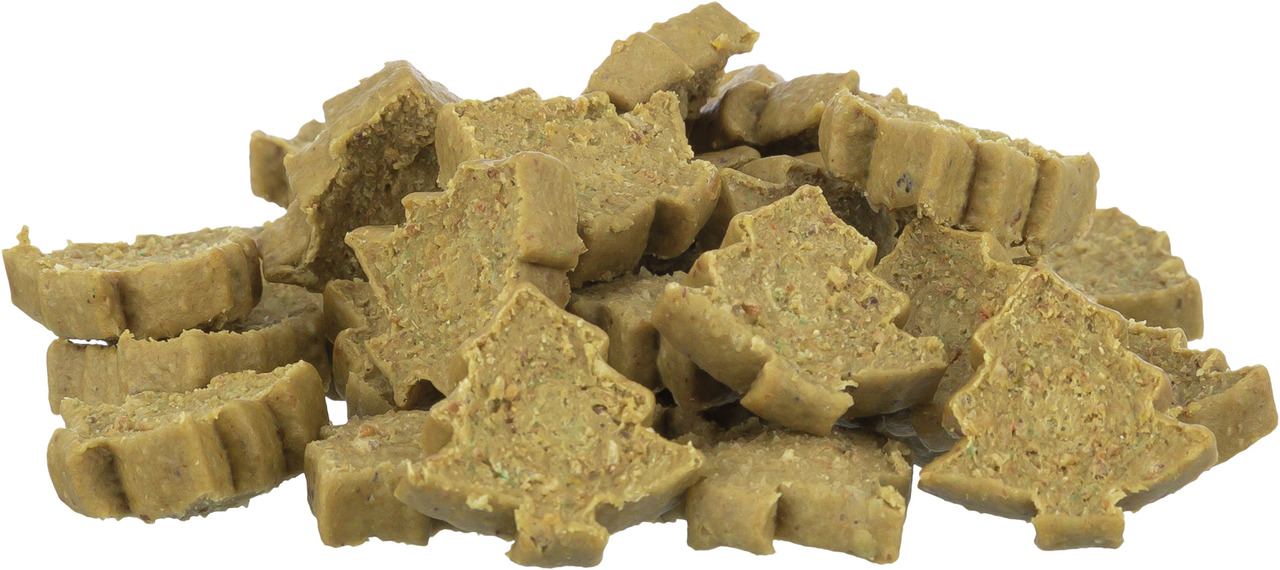 Auf dem Bild sind TRIXIE Weihnachtsbaum-Leckerlis für Hunde zu sehen. Die Leckerlis sind in Form von kleinen Tannenbäumen gestaltet und bestehen aus einer grünlich-braunen Masse. Sie eignen sich als Snack für Hunde und sind ideal für die Weihnachtszeit. D