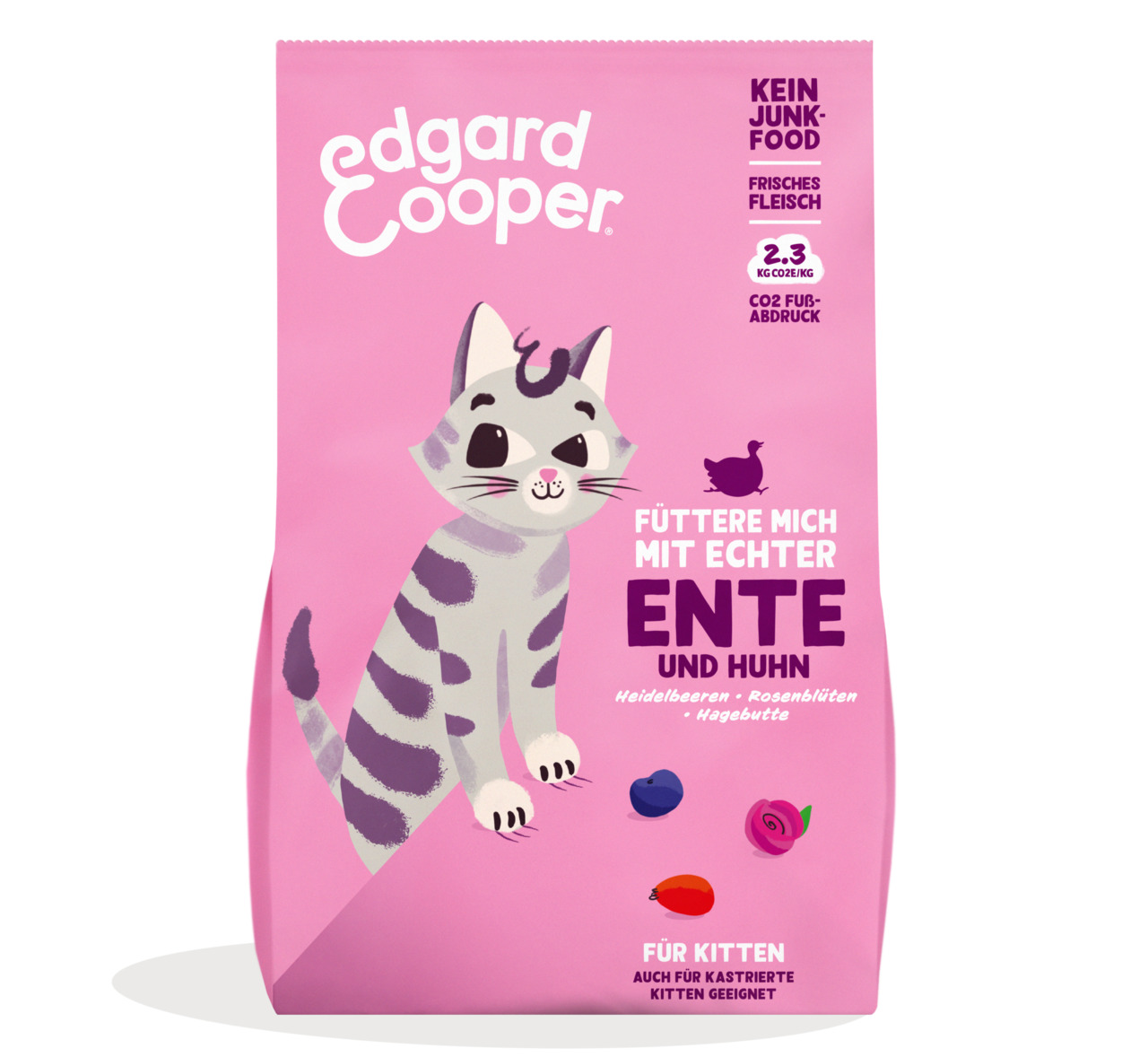 Edgard & Cooper Katzenfutter Kitten (auch kastriert), Ente & Huhn, mit Heidelbeeren, Rosenblüten, Hagebutte, „Frisches Fleisch“, 125g.