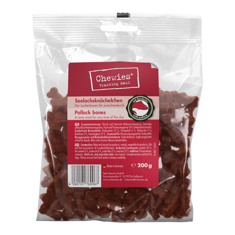 Chewies Training Maxi Seelachsknöchelchen, Hundesnack, Seelachs, 200 g, rote Verpackung mit Produktinfos u. Inhaltsstoffen.