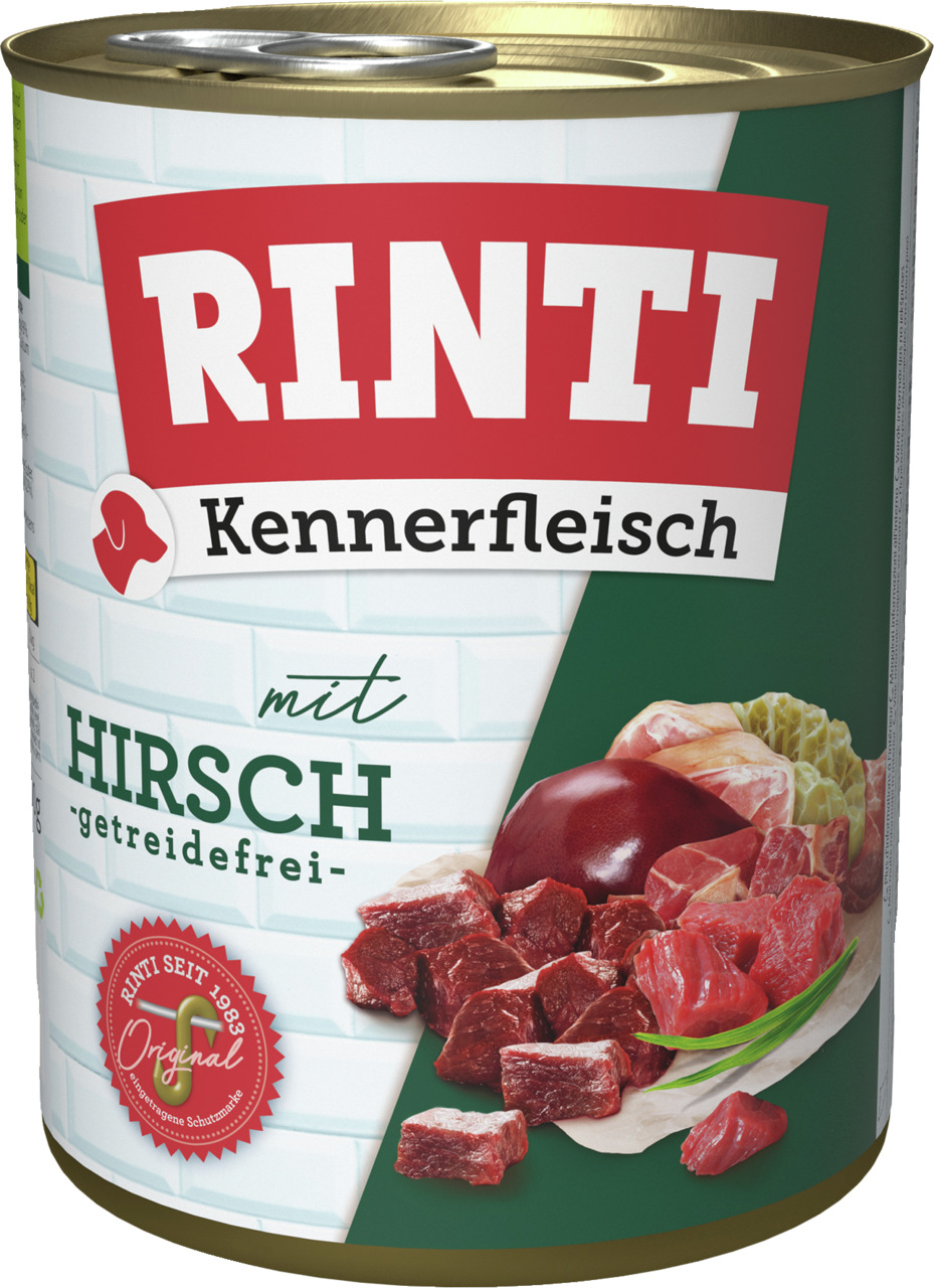 RINTI Kennerfleisch Hundefutter, mit Hirsch, getreidefrei, saftige Fleischstücke, Innereien & Gemüse, 800 g.