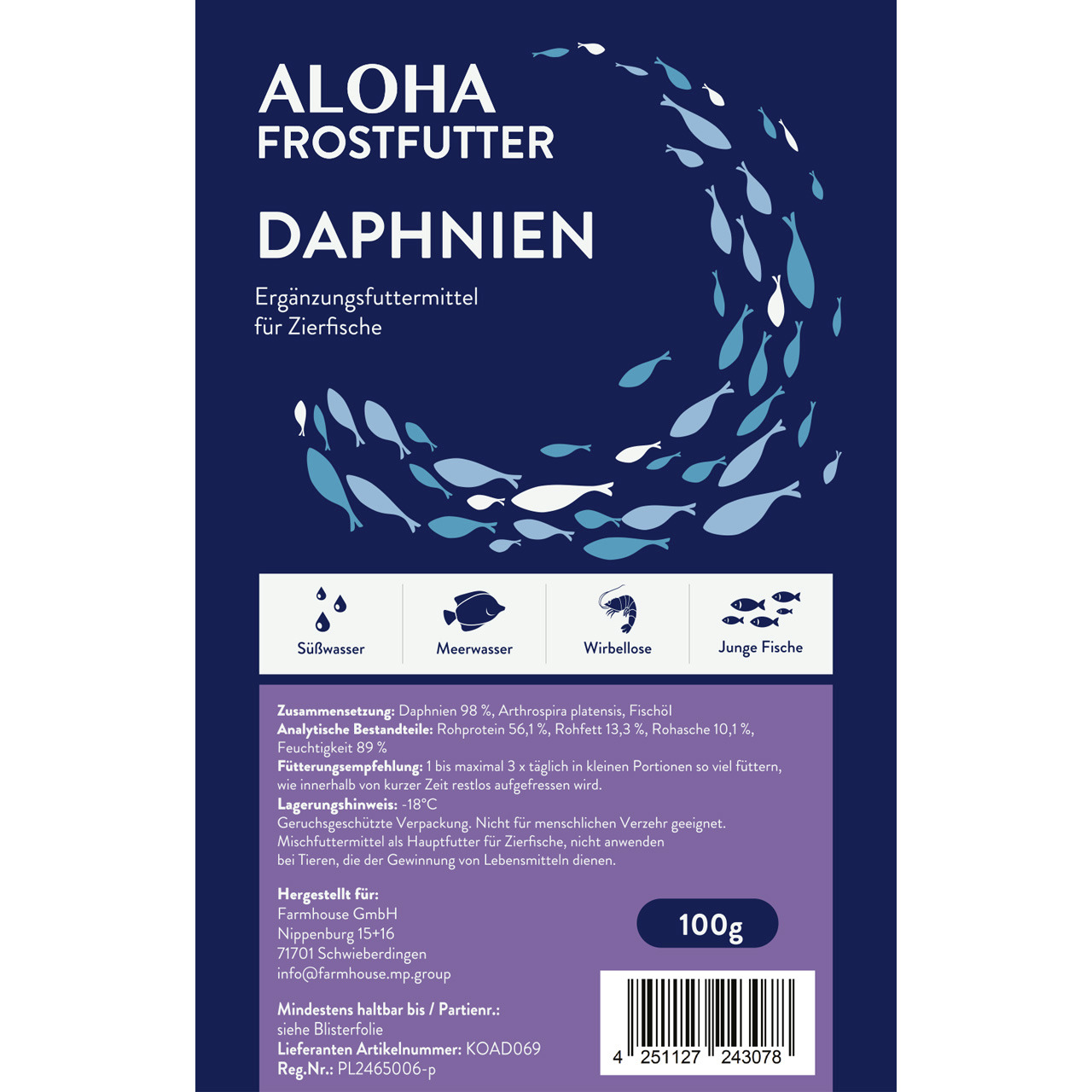 ALOHA Frostfutter Daphnien, Ergänzungsfutter f. Zierfische (Süß-/Meerwasser, Wirbellose, Jungfische), 100 g, Hauptzutat: Daphnien.