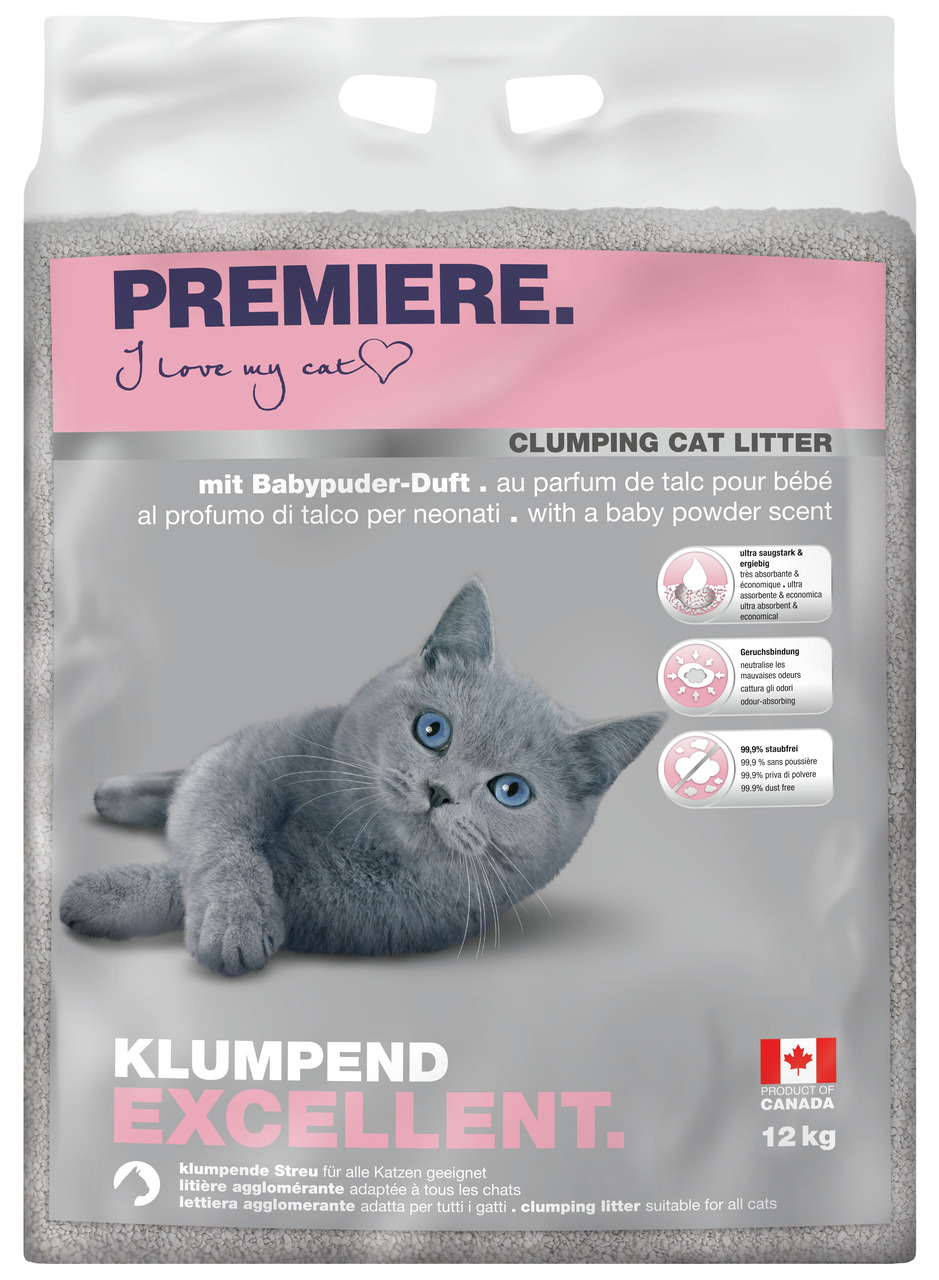 PREMIERE „I love my cat“ Katzenstreu, Babypuder-Duft, klumpend, geruchsbindend, 99,9 % staubfrei, 12 kg, für alle Katzen, aus Kanada.