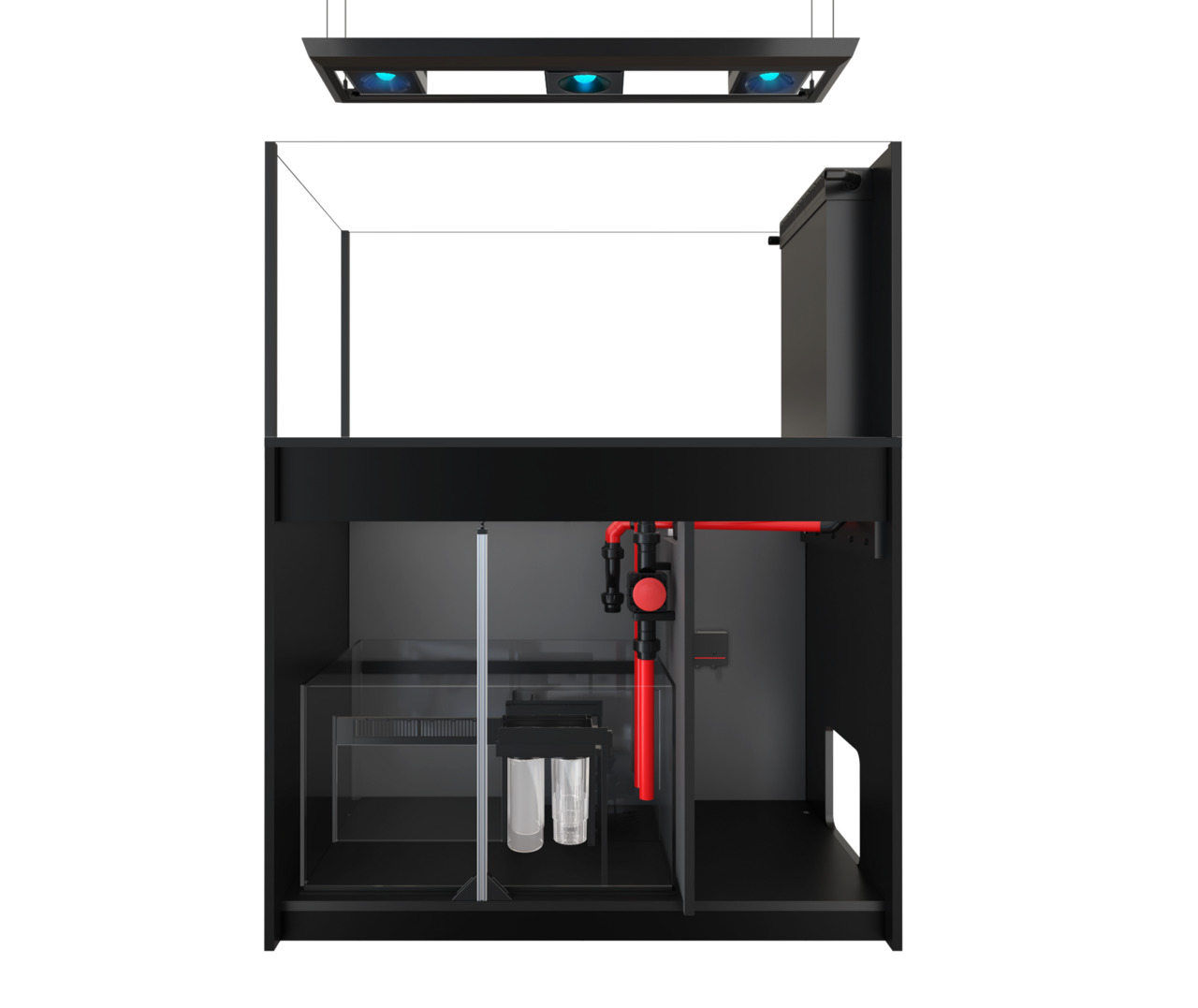 Das Bild zeigt das Red Sea Reefer 3XL 900 Aquarium-System, ein hochwertiges Meerwasseraquarium für erfahrene Aquarianer. Es ist für Salzwasserfische und Korallen geeignet und bietet ein modernes Design mit einem schwarzen Unterschrank. Sichtbar sind das F