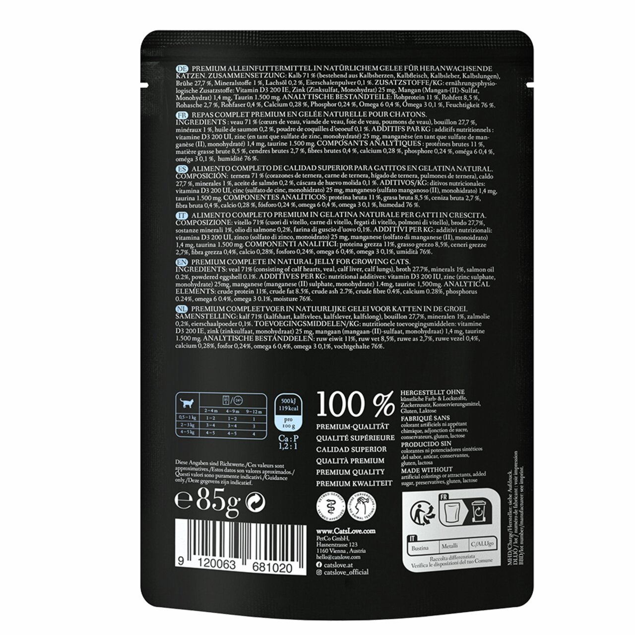Cat's Love Katzenfutter, Huhn in Gelee, 85 g, für ausgewachsene Katzen, ohne Getreide, Zuckerzusatz & Tierversuche.