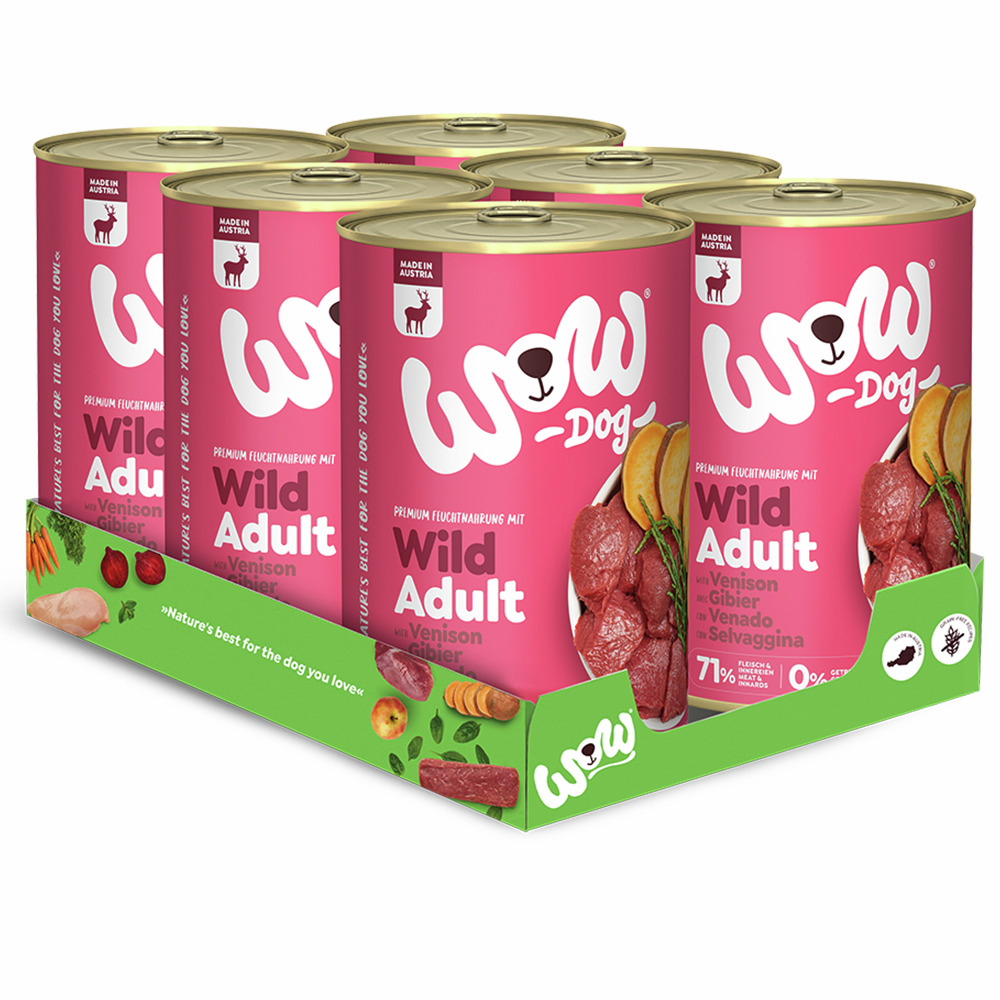Sechs Dosen Hundefutter der Marke WOW DOG, Sorte "Wild Adult" mit Wildgeschmack, speziell für ausgewachsene Hunde. Die Verpackung zeigt saftige Fleischstücke, Gemüse und Obst. Jede Dose enthält 71 % Fleischanteil, ist getreidefrei und in Österreich herges
