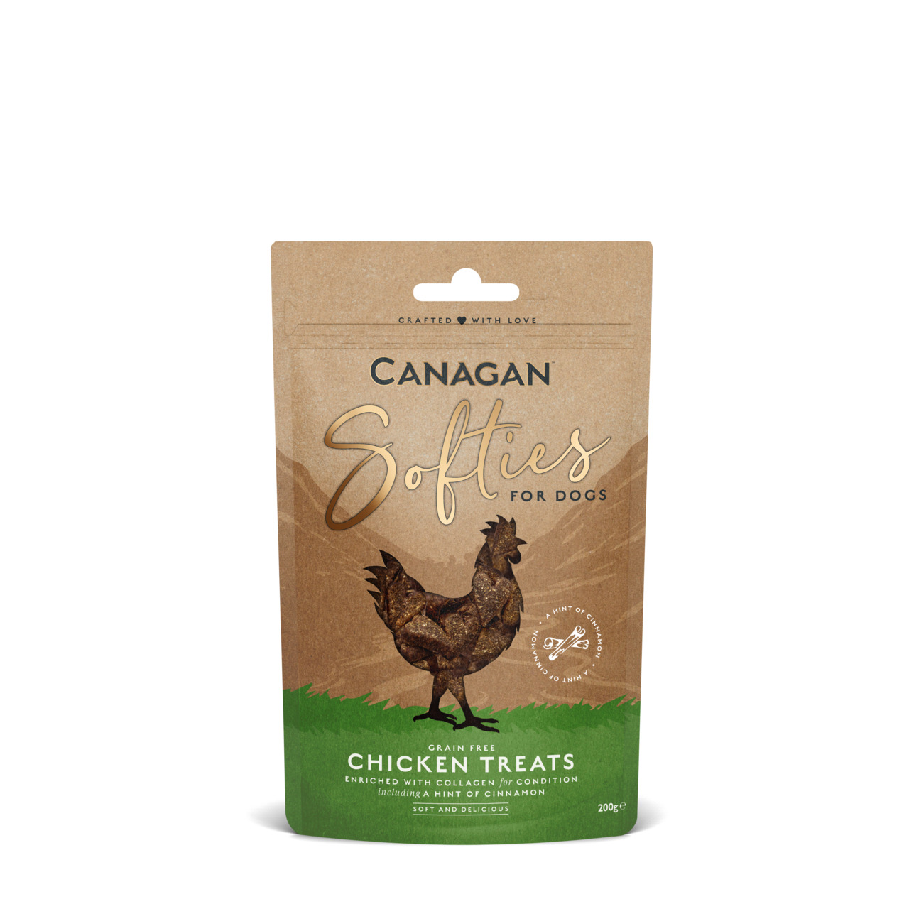 Das Bild zeigt eine braune Verpackung der Marke Canagan mit der Aufschrift „Softies for Dogs“. Es handelt sich um getreidefreie Hundesnacks mit Hühnchengeschmack, angereichert mit Kollagen und einem Hauch von Zimt. Die Packung enthält 200 g und ist für Hu