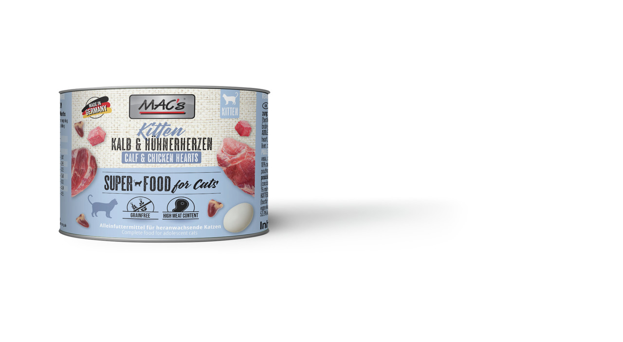 MAC's Katzenfutter Kalb & Hühnerherzen, Kitten, "Superfood for Cats", getreidefrei, hoher Fleischanteil, 200 g.