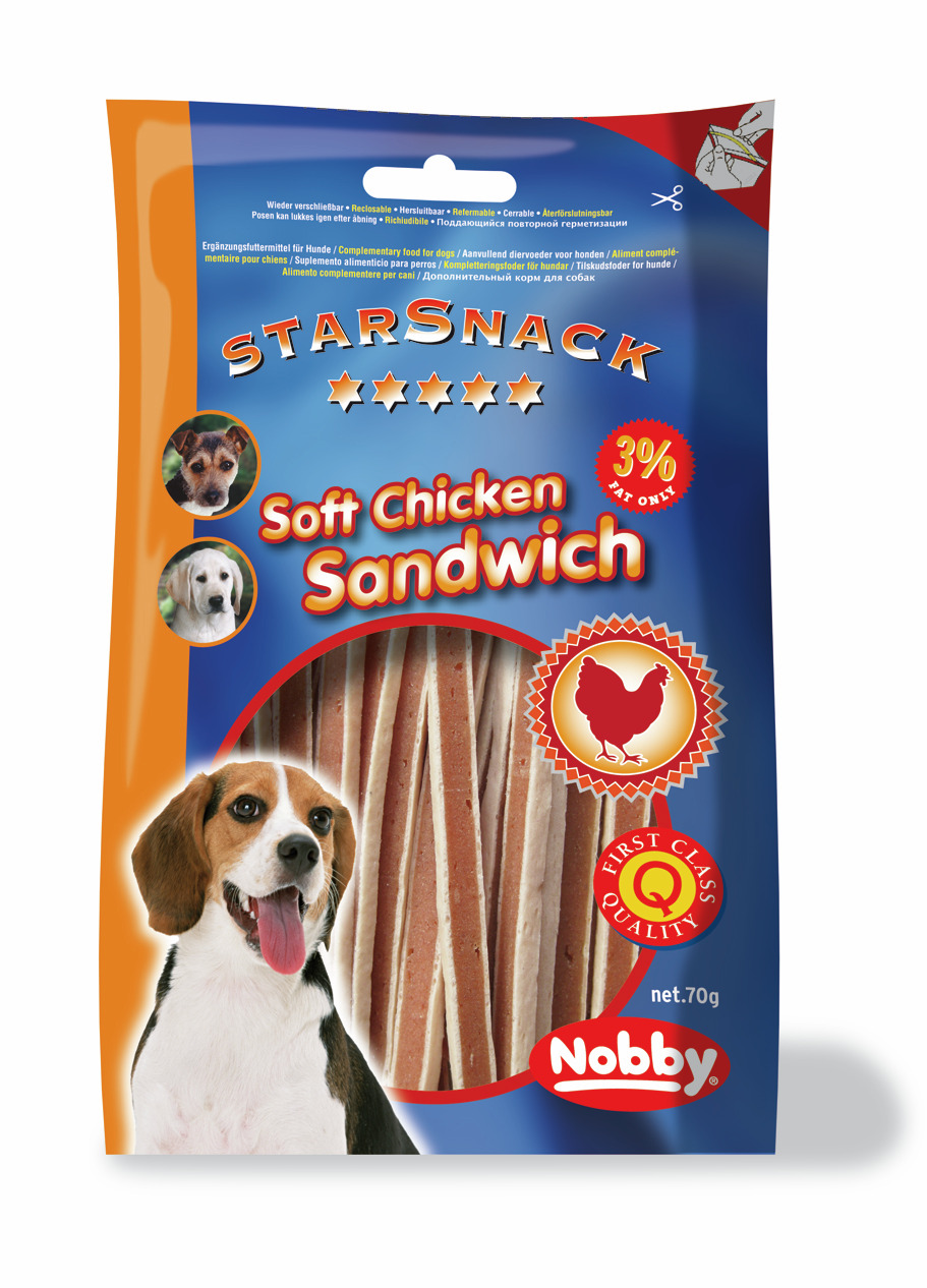 Nobby StarSnack Soft Chicken Sandwich, Ergänzungsfuttermittel für Hunde, Huhn, 70 g, 3 % Fett, First Class Quality, wiederverschließbar.