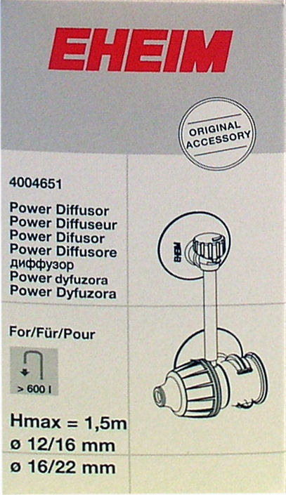 Das Bild zeigt die Verpackung des EHEIM Power Diffusors, Modellnummer 4004651, ein Originalzubehör für Aquarien. Der Diffusor ist für Aquarien mit einem Wasserdurchfluss von über 600 Litern geeignet. Er unterstützt Schläuche mit einem Durchmesser von 12/1