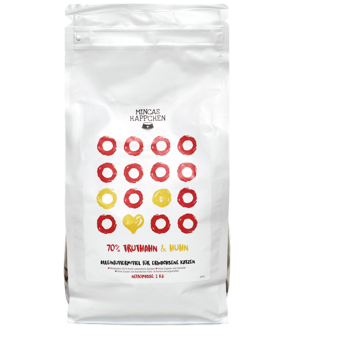 MINCAS HÄPPCHEN Katzenfutter Truthahn & Huhn, Alleinfuttermittel für erw. Katzen, modernes Design, 2 kg.