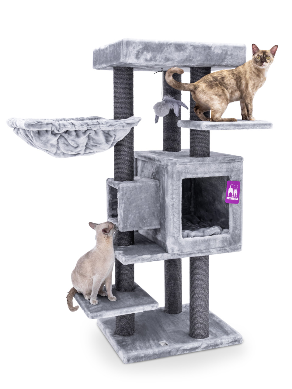 Kratzbaum Petrebels „Dome 120“ hellgrau, für Katzen aller Größen, mit Plattformen, Höhle, Hängematte, Sisalstämmen, 2 Katzen.