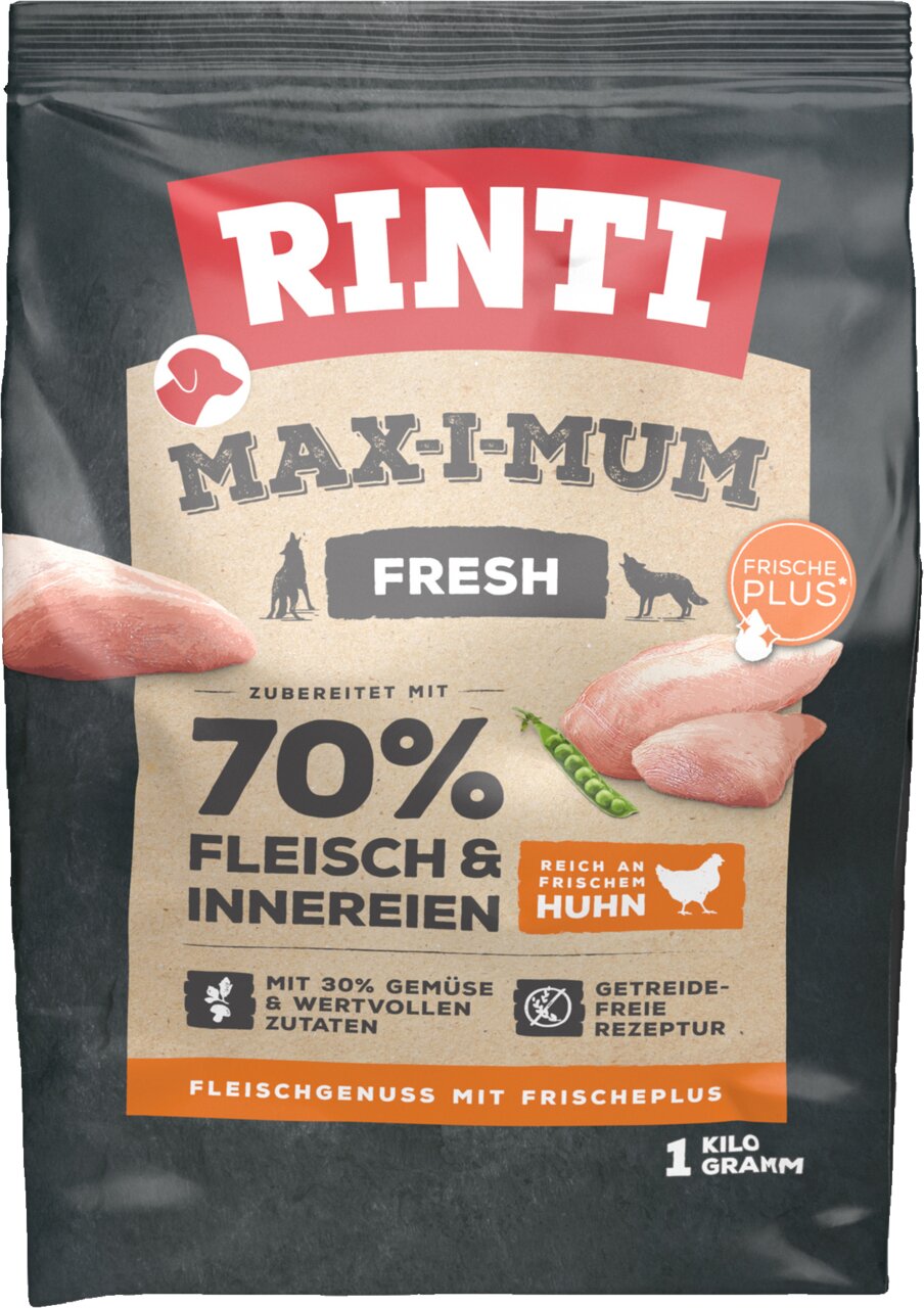 RINTI Max-I-Mum Fresh Hundefutter, Huhn, 1 kg Beutel, 70 % Fleisch, mit Gemüse, getreidefrei, für erwachsene Hunde.