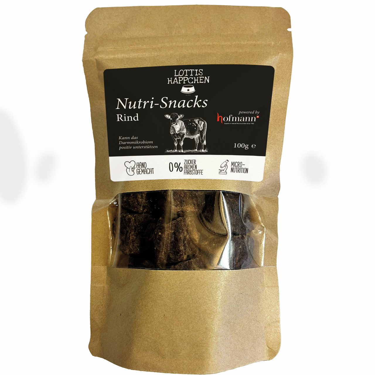 Das Bild zeigt eine braune Verpackung mit transparentem Sichtfenster, die "Nutri-Snacks Rind" von der Marke Lottis Häppchen enthält. Die Snacks sind für Hunde geeignet und bestehen aus Rindfleisch. Die Verpackung enthält 100 g und wirbt mit Aussagen wie "