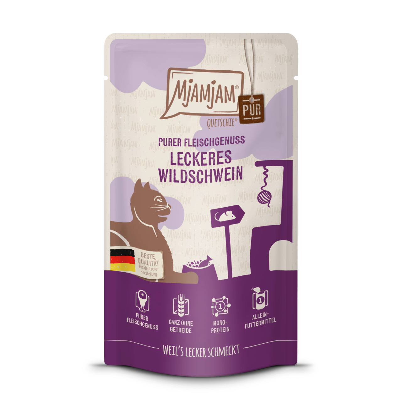 Das Bild zeigt eine violette Verpackung des Katzenfutters „Mjamjam Purer Fleischgenuss Leckeres Wildschwein“. Die Zielgruppe sind Katzen. Das Produkt ist getreidefrei, enthält Monoprotein und ist ein Alleinfuttermittel. Es wird in Deutschland hergestellt 