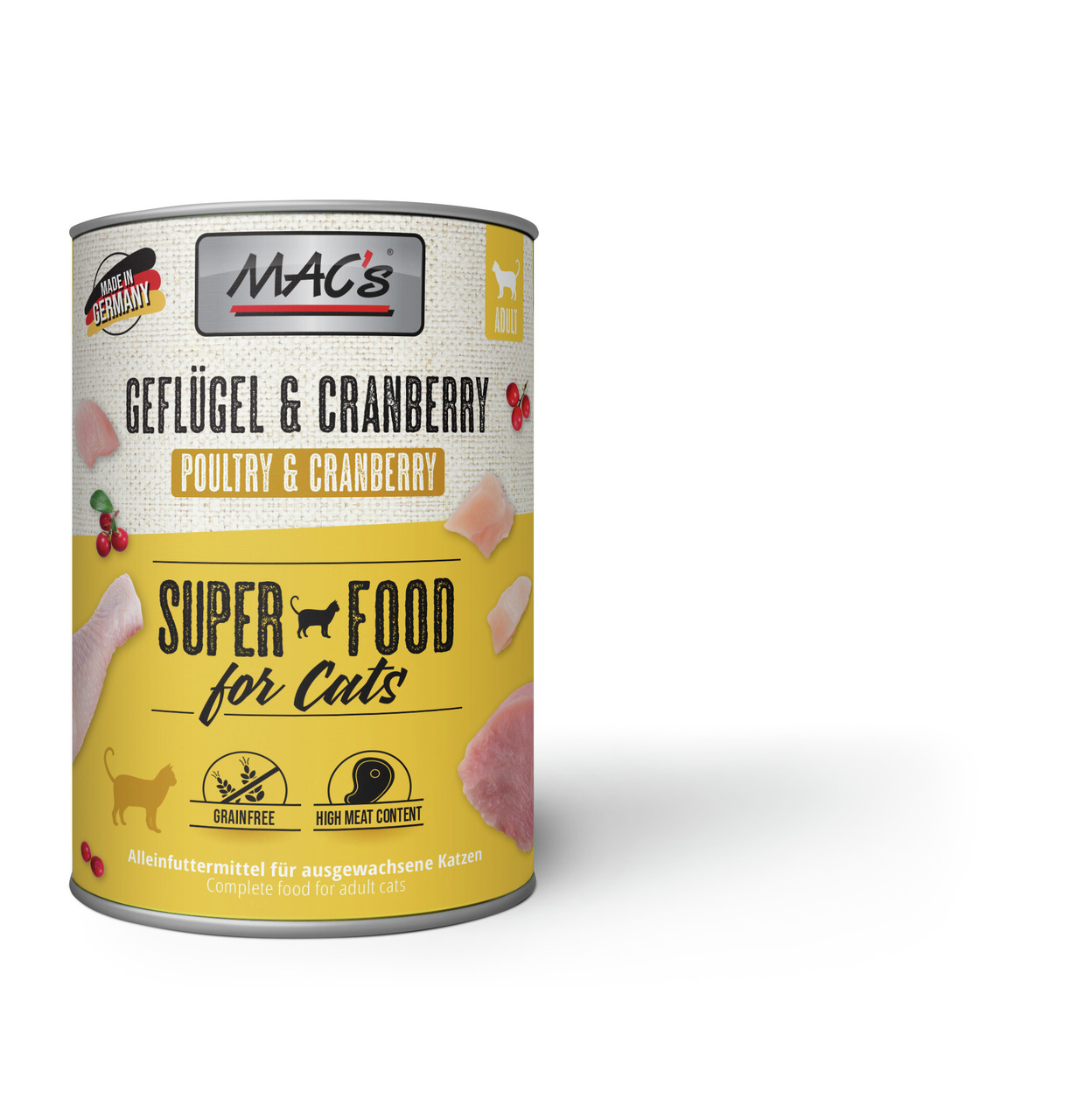 MAC's Katzenfutter Geflügel & Cranberry, Alleinfuttermittel f. erw. Katzen, getreidefrei, hoher Fleischanteil, 400 g, „Super Food for Cats“.