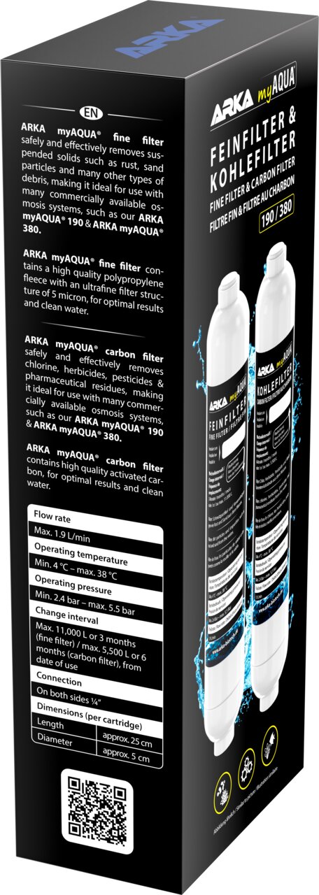 ARKA myAQUA Feinfilter & Kohlefilter 190-380 für Osmoseanlagen, Ersatzfilterkartuschen für sauberes Wasser.