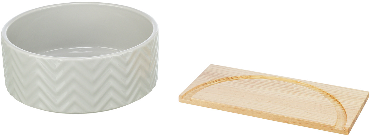TRIXIE Keramiknapf, Zickzack-Muster, Holzunterlage, für Hunde & Katzen, robust, leicht zu reinigen, stilvoll, für Trocken-/Nassfutter.