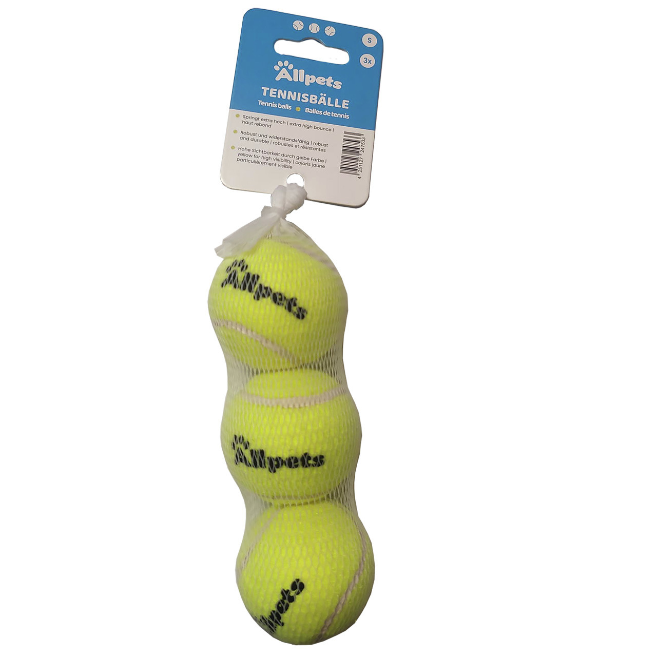 Allpets Tennisbälle für Hunde, 3er-Set, robust & langlebig, ideal für Apportierspiele, gelb, im weißen Netz mit blauer Produktkarte.