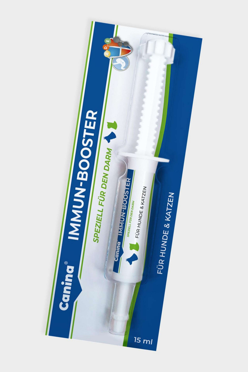 Canina Immun-Booster, Nahrungsergänzung f. Hunde/Katzen, 15 ml, stärkt Immunsystem/Darmgesundheit, Spritze, blau-weiß-grün.