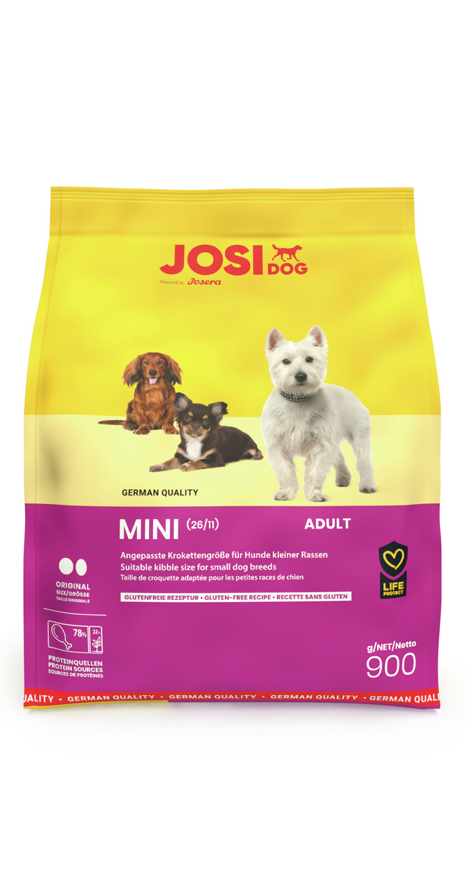 Josera JosiDog Mini Adult, glutenfreies Hundefutter für kleine Rassen, 900 g, hochwertige Proteine, gelbe Verpackung mit 3 Hunden.