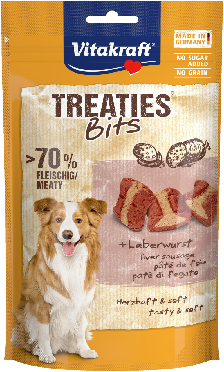 Vitakraft Treaties Bits Leberwurst, weiche Hundesnacks, 70 % Fleisch, herzhaft & soft, ohne Zucker/Getreide, 120 g.