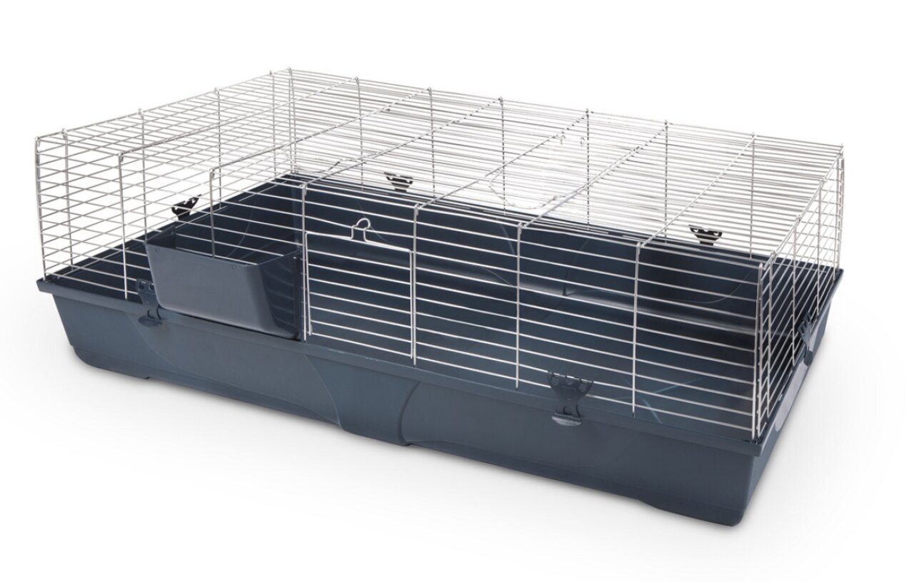 Kleintierkäfig „Ferplast Cavie 80“ für Meerschweinchen-Kaninchen, dunkelgraue Wanne, weißer Gitteraufsatz, Maße: 77x48x42 cm.