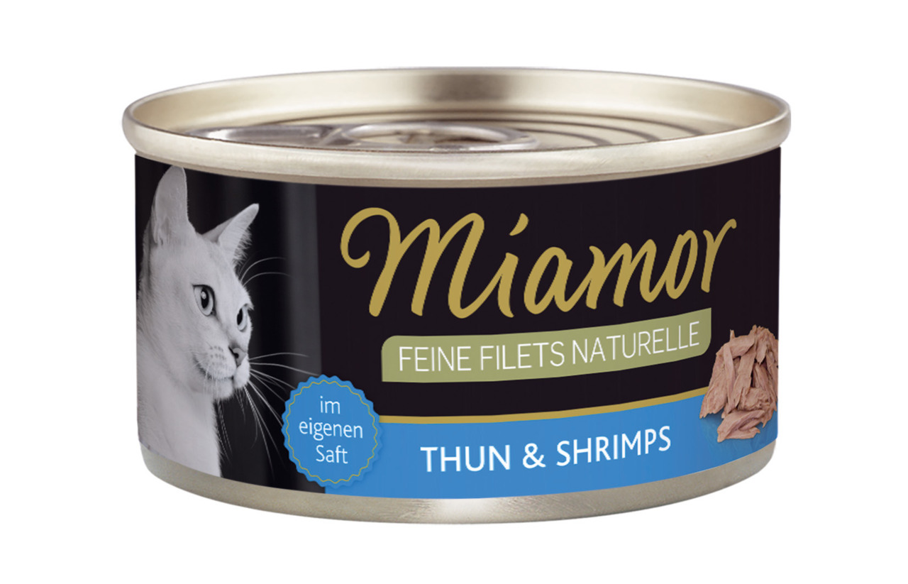 Miamor Feine Filets Naturelle Katzenfutter, Thunfisch & Shrimps im eigenen Saft, 100 g.