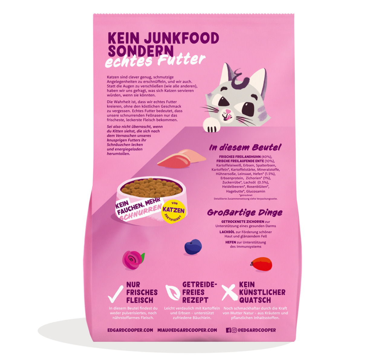 Edgard & Cooper Katzenfutter „Frisches Freilandhuhn & Ente“, getreidefrei, 40 % Huhn, 20 % Ente, ohne künstl. Zusätze.