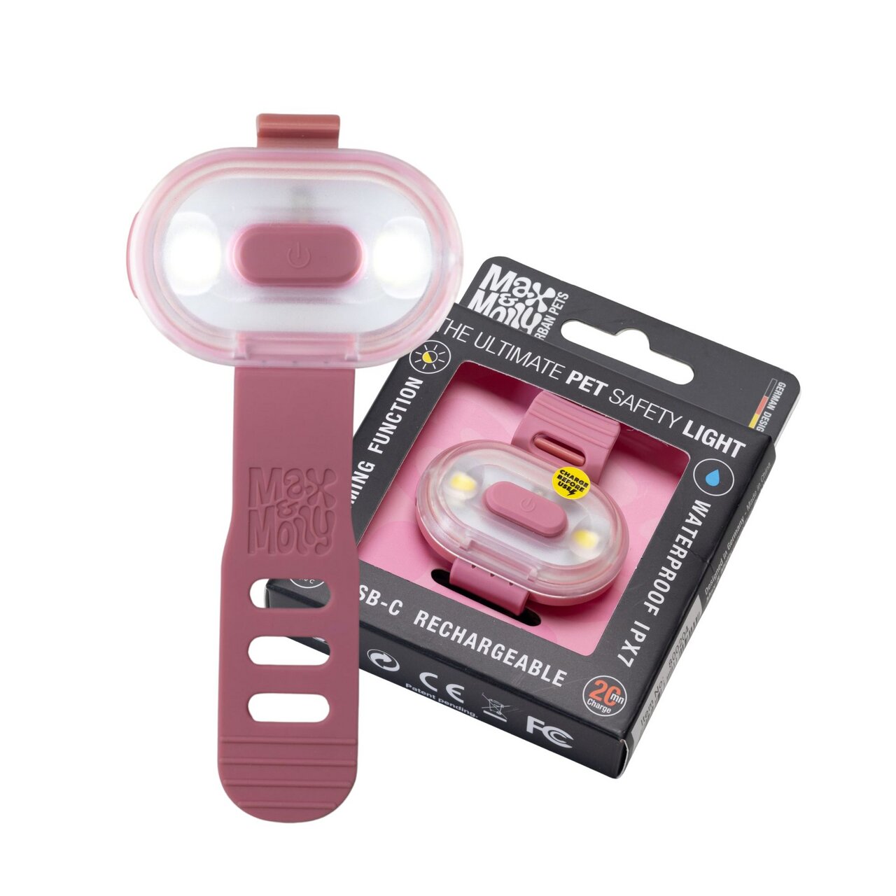 Max & Molly "The Ultimate Pet Safety Light", Rosa, LED-Licht für Haustiere, wasserdicht (IPX7), USB-C, hohe Sichtbarkeit, wiederaufladbar.