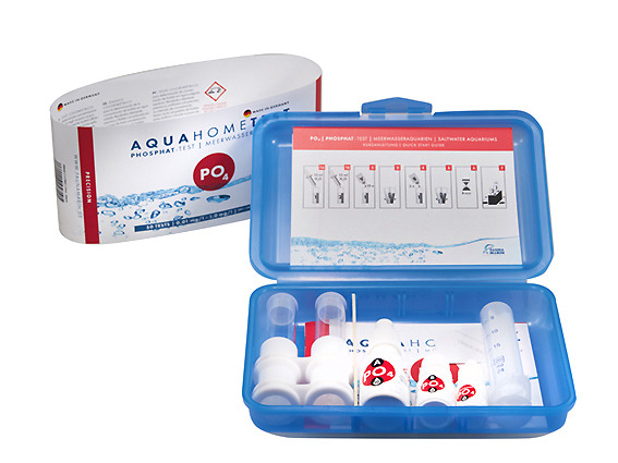 Fauna Marin AquaHomeTest PO4, Testkit f. Meerwasseraquarien, misst Phosphat, inkl. Reagenzien, Behälter, Anleitung, blaue Box.