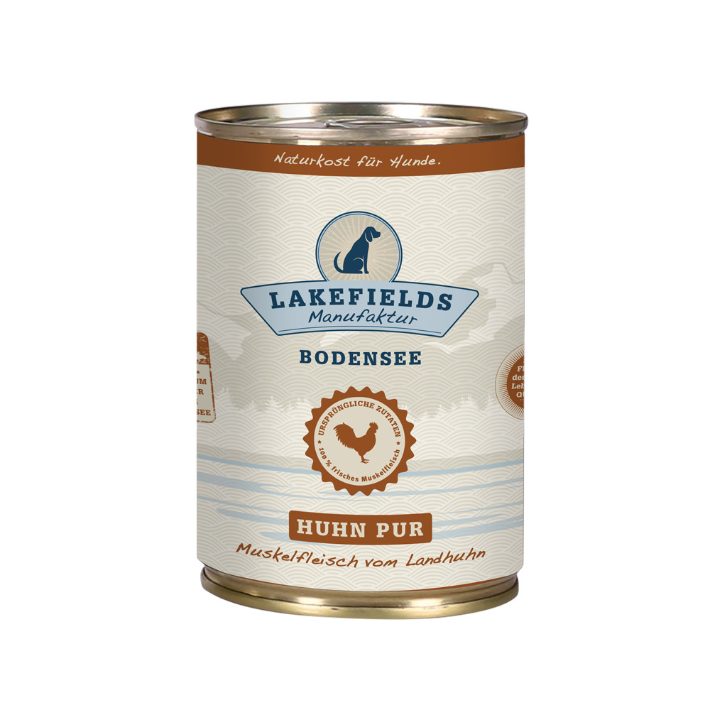 Lakefields Bodensee Huhn Pur, Nassfutter f. Hunde, 100% Muskelfleisch v. Landhuhn, Geschm.: Huhn, 400 g, natürliche Zutaten, Qualität.