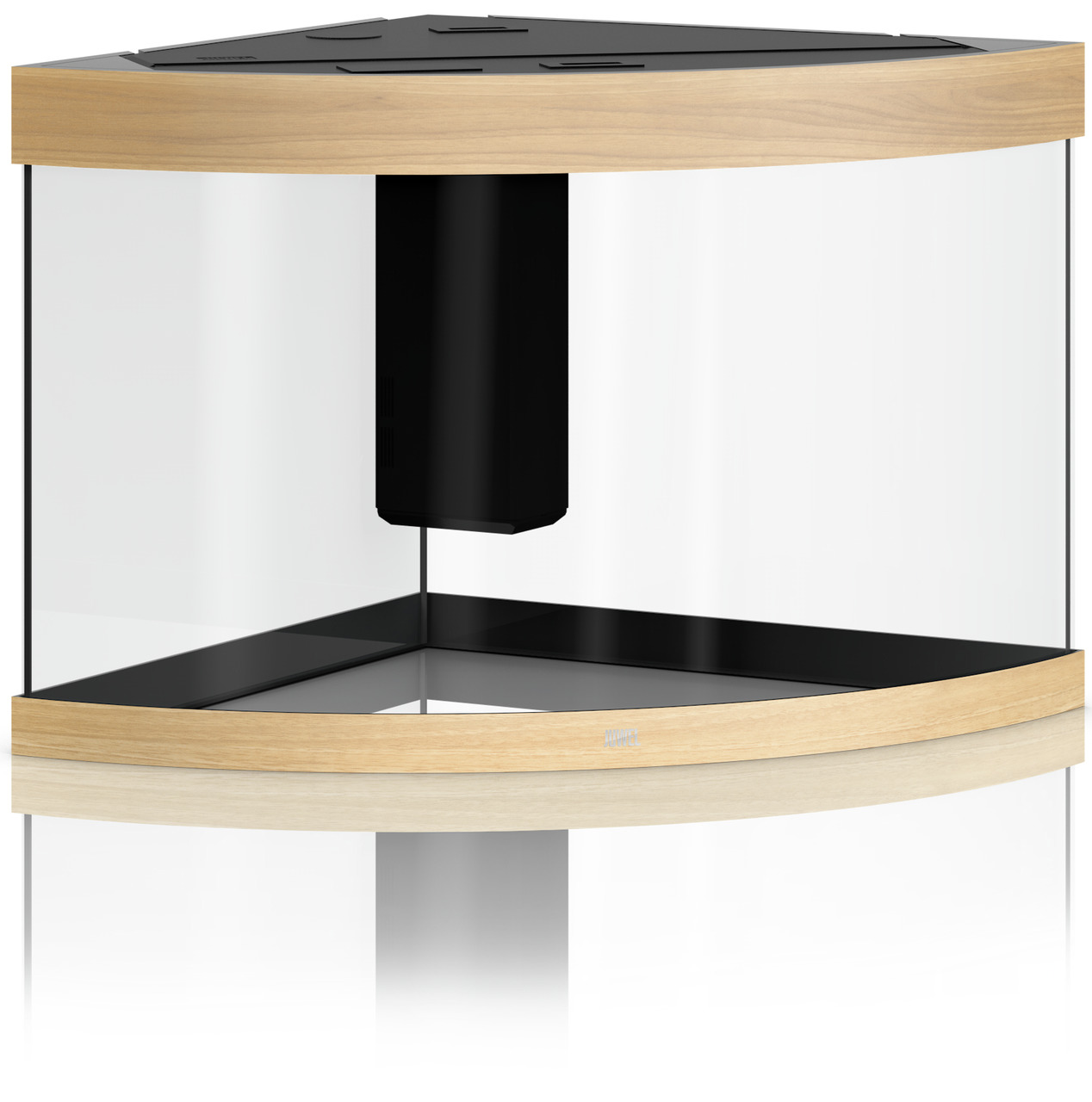 Das Bild zeigt das JUWEL Aquarium Trigon 190 in der Farbe Holzoptik. Dieses hochwertige Eck-Aquarium ist ideal für Aquaristik-Enthusiasten und bietet ein Fassungsvermögen von 190 Litern. Es verfügt über ein modernes Design mit gebogener Frontscheibe und i