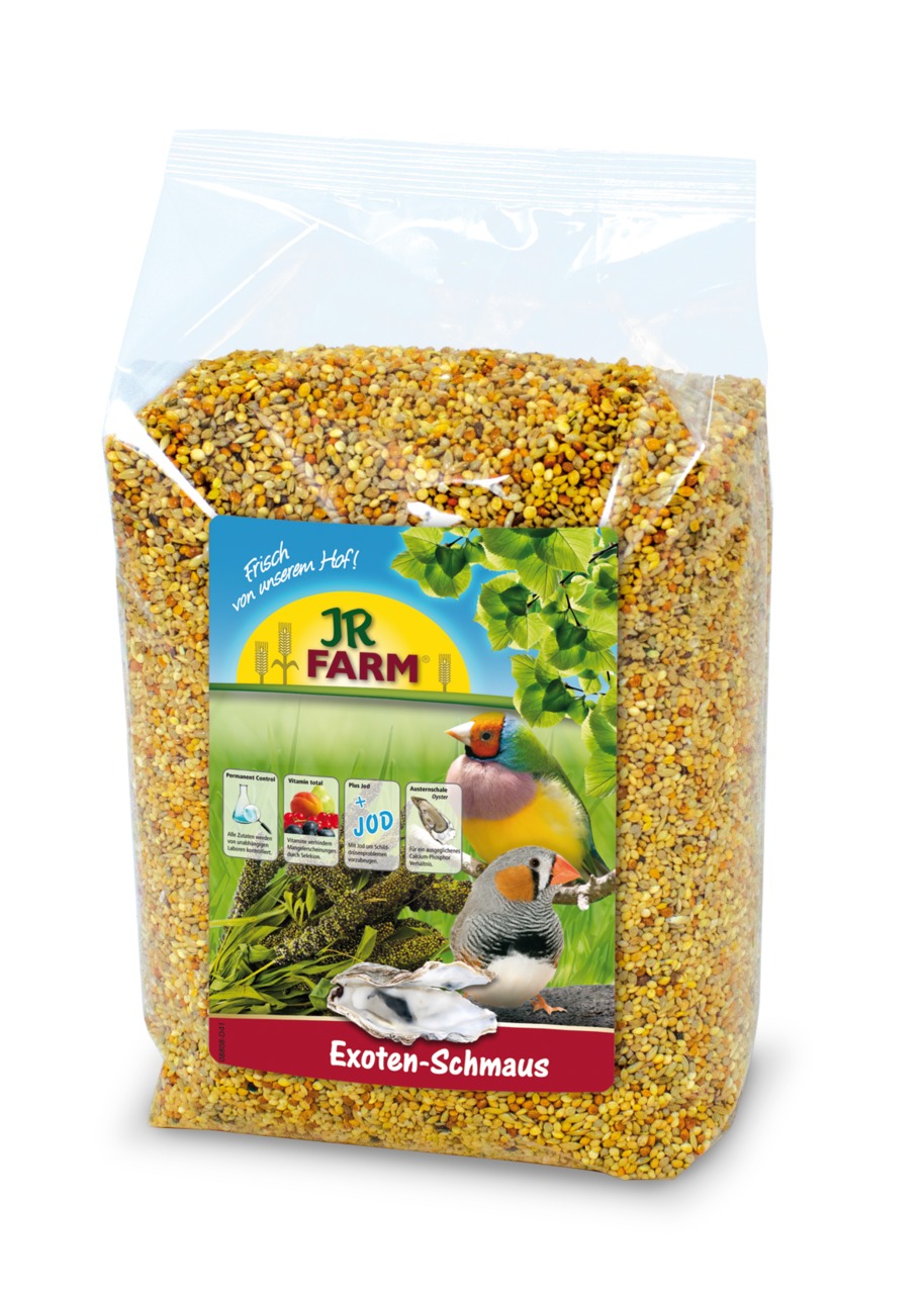 JR FARM Exoten-Schmaus, Vogelfutter f. exot. Ziervögel, 1 kg, mit Jod, Vitaminen & Mineralstoffen, „Frisch von unserem Hof!“.