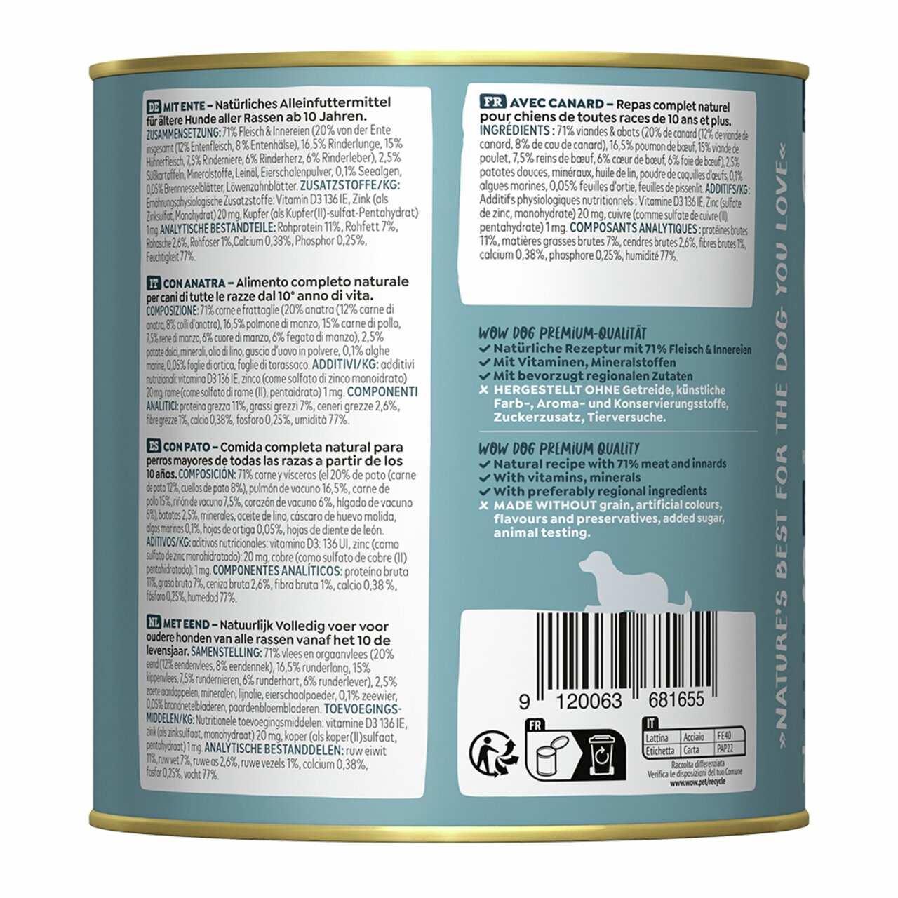 WOW DOG Nassfutter mit Ente für ältere Hunde ab 10 Jahren, 400 g Dose, hochwertig, getreidefrei, mit 71 % Fleischanteil.