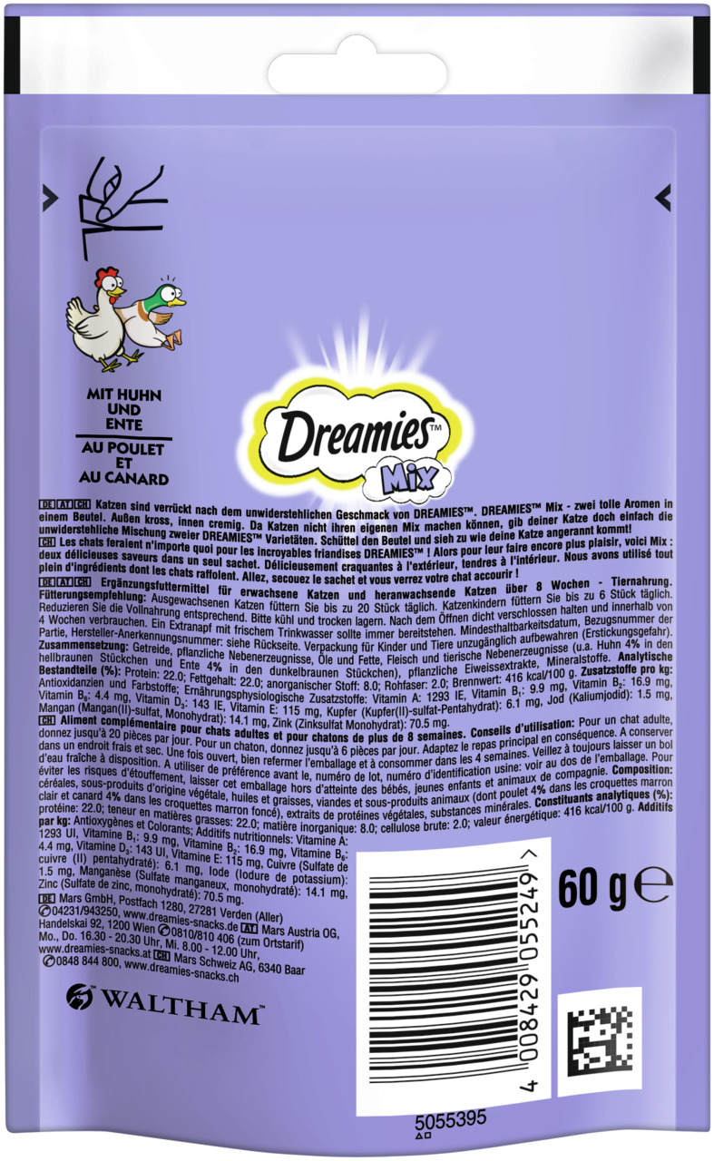Dreamies Mix Katzensnack, Huhn & Ente, für erwachsene Katzen, 60 g.