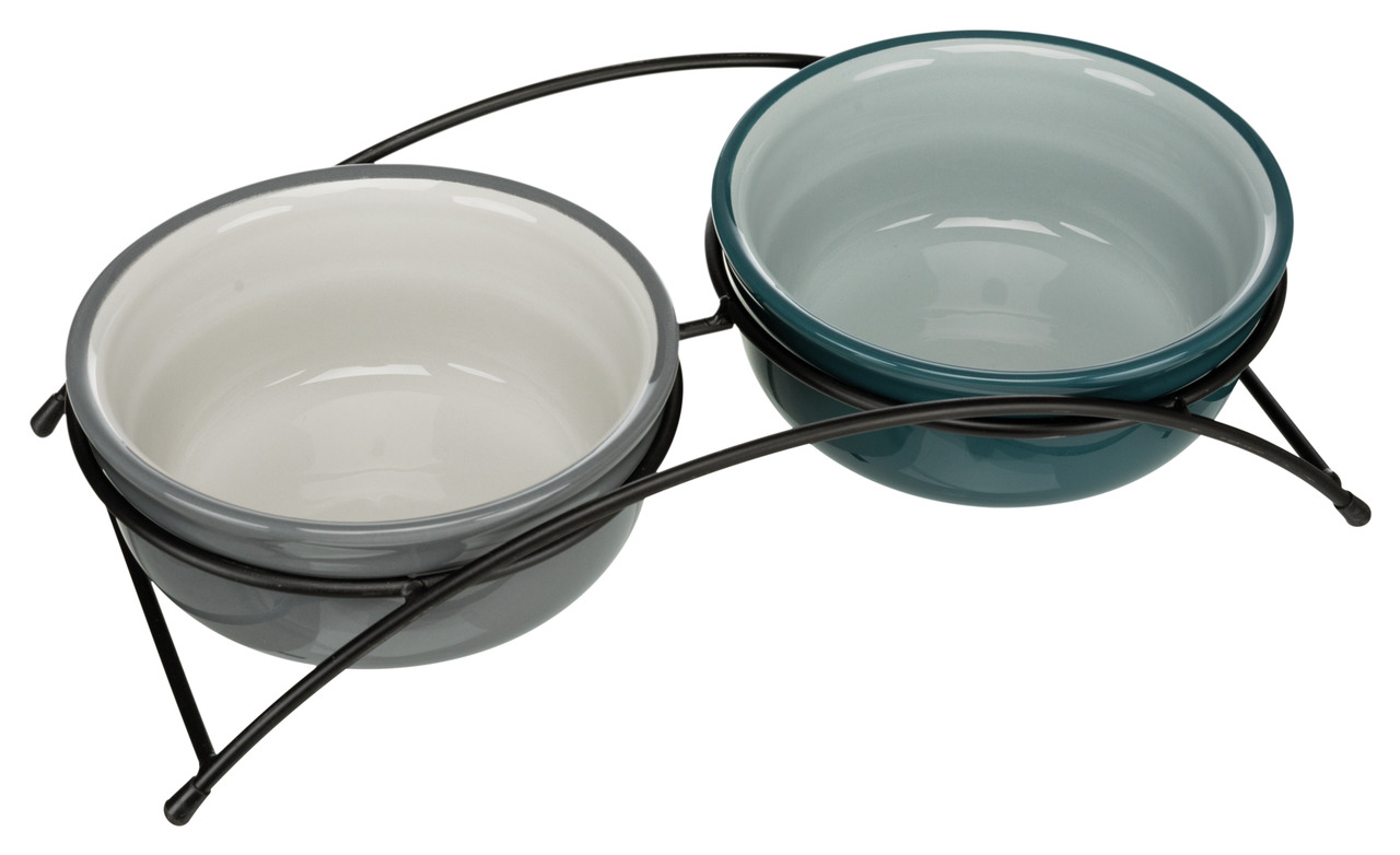 TRIXIE Napf-Set für Hunde & Katzen, 2 Keramiknäpfe (Grau-Blau) im Metallständer, je 300 ml, stabil, leicht zu reinigen, elegant.