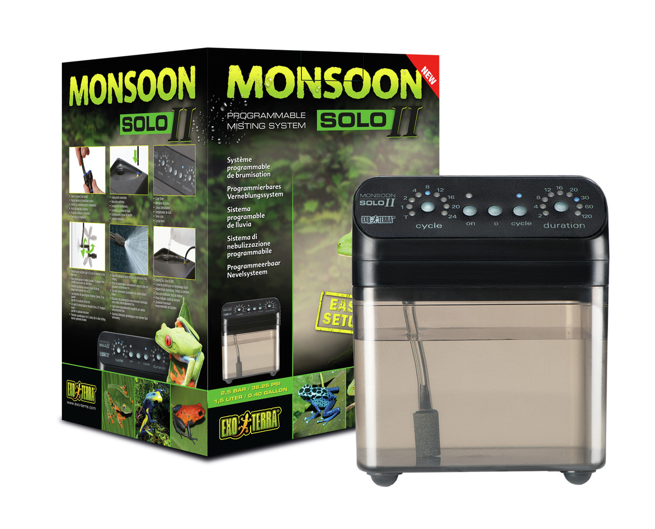 Exo Terra Monsoon Solo II, Beregnungssystem f. Reptilien-/Amphibienterrarien, 1,5L Tank, präzise Feuchtigkeitskontrolle, leicht einrichtbar.