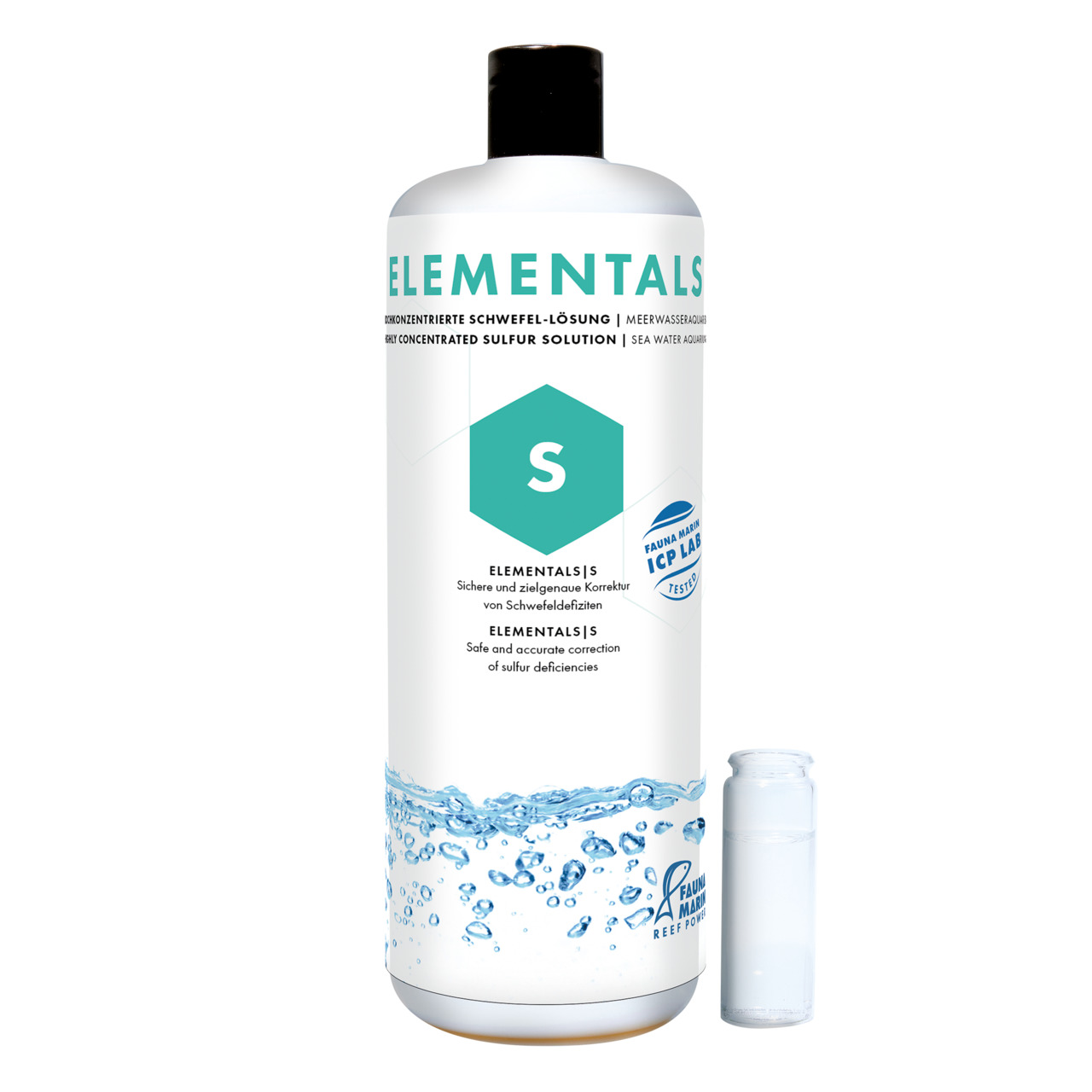 Das Bild zeigt eine weiße Flasche des Produkts „ELEMENTALS S“ von der Marke Fauna Marin. Es handelt sich um eine hochkonzentrierte Schwefel-Lösung für Meerwasseraquarien, die zur sicheren und präzisen Korrektur von Schwefeldeffiziten dient. Die Flasche ha