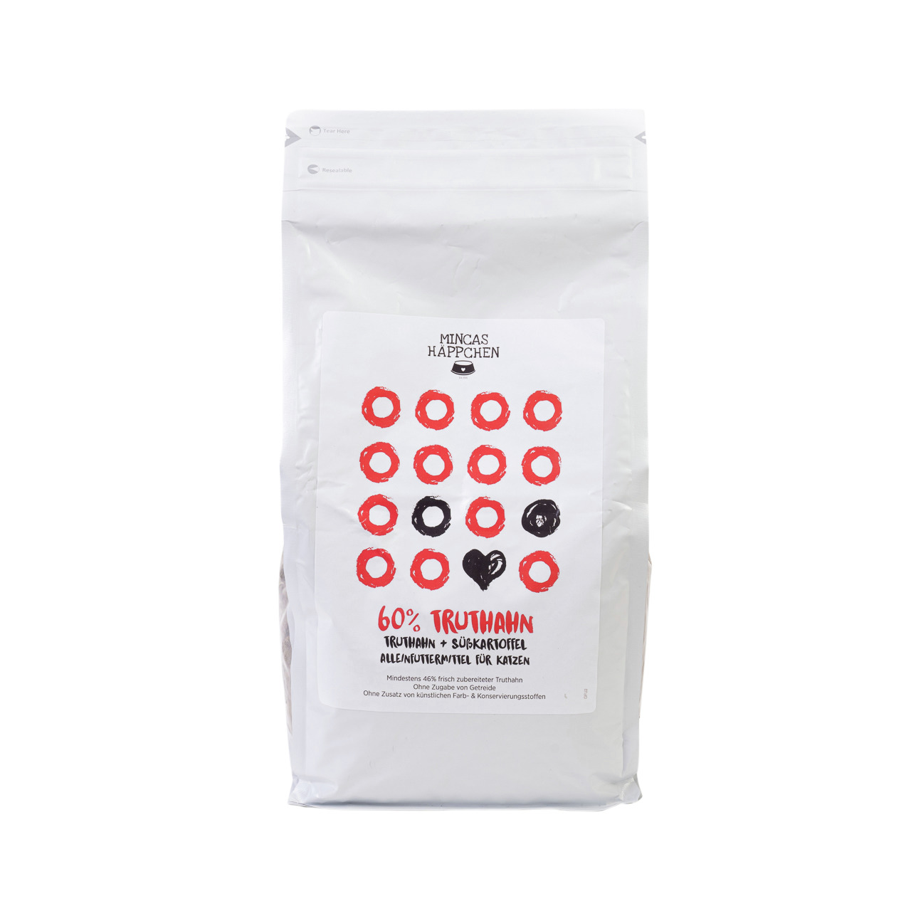MINCAS HÄPPCHEN Katzenfutter Truthahn & Süßkartoffel, Alleinfutter, 60 % Truthahn, schlichtes Design, rote/schwarze Kreise, Herzmotiv.