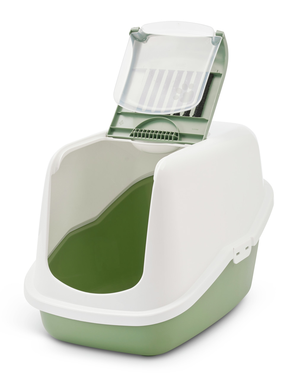 SAVIC Katzentoilette, grün/weiß, mit Klappe & Aktivkohlefilter, geruchsreduzierend, für Katzen aller Größen, leicht zu reinigen.