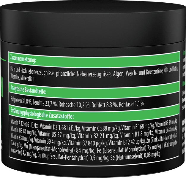 ARKA Ergänzungsfuttermittel für Fische, mit Fisch, Algen, Vitaminen & Mineralien, 31,8 % Rohprotein, grün-weiße Dose.