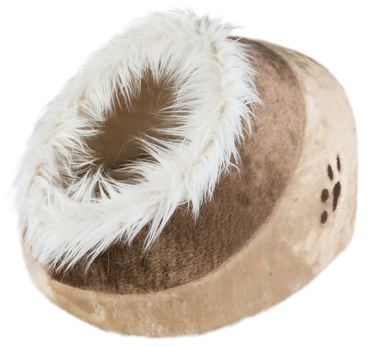 TRIXIE Kuschelbett Minou, Schlafplatz für Katzen & kl. Hunde, beige-braun, Plüschrand weiß, Pfotenstickerei, gemütlich, warm.