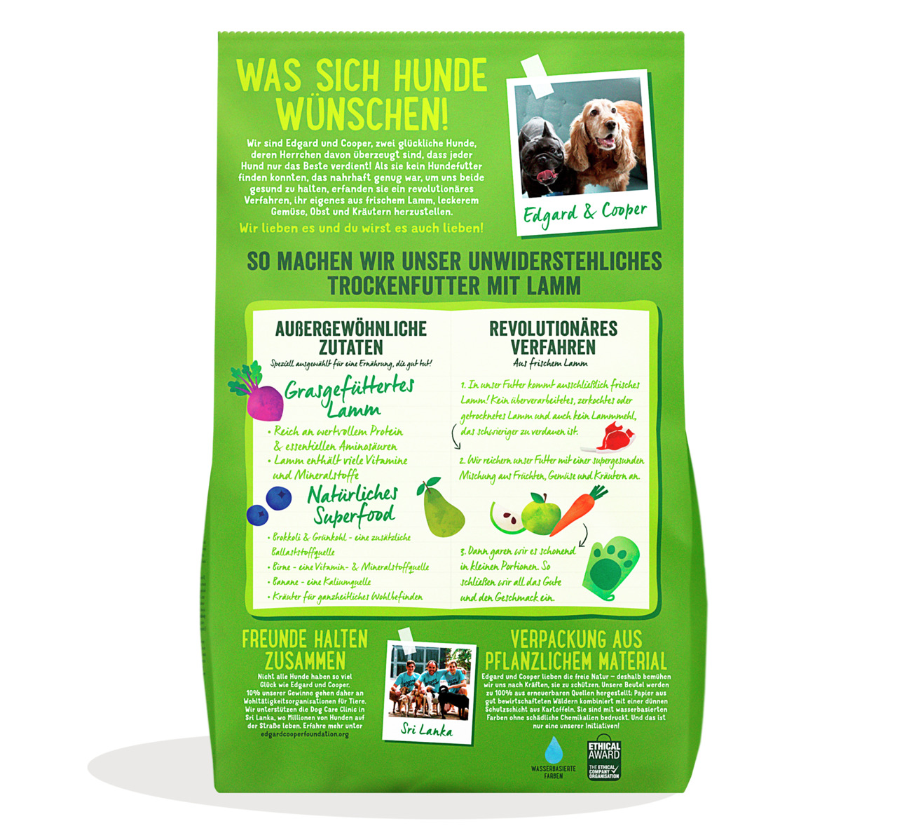 Das Bild zeigt eine grüne Verpackung des Hundefutters „Edgard & Cooper Trockenfutter mit Lamm“. Zielgruppe sind Hunde. Es enthält grasgefüttertes Lamm, reich an Protein, sowie natürliches Superfood wie Obst und Gemüse. Die Verpackung besteht aus pflanzlic
