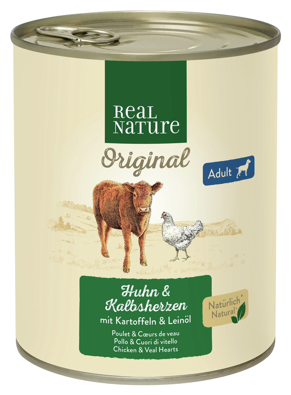 REAL NATURE Original Adult Hundefutter, Huhn & Kalbsherzen mit Kartoffeln & Leinöl, natürliche Inhaltsstoffe, 400g.